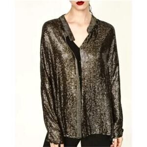 Zara Limited Edition Metallic Gold Sequin Beaded Button Up Blouse Womens Size M